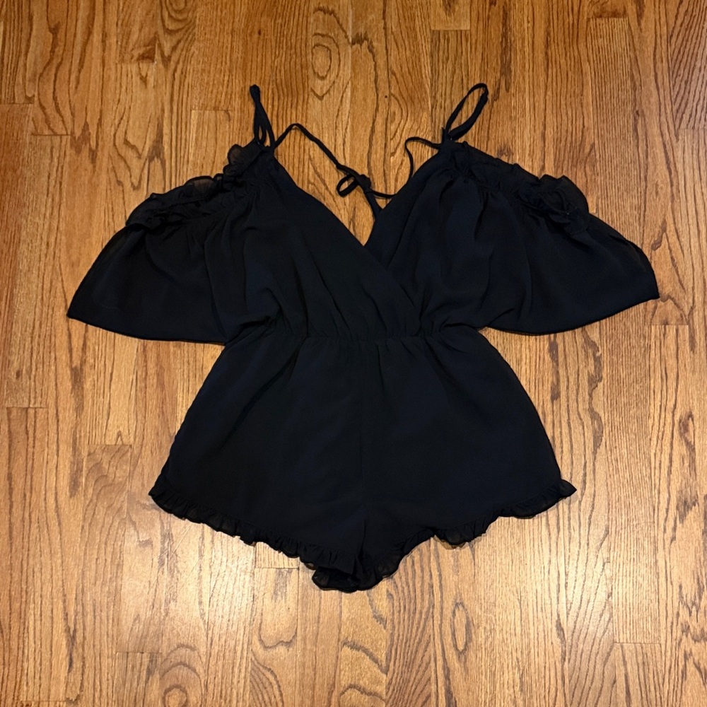 Tobi Black Off-Shoulder Ruffle Romper, Size XS